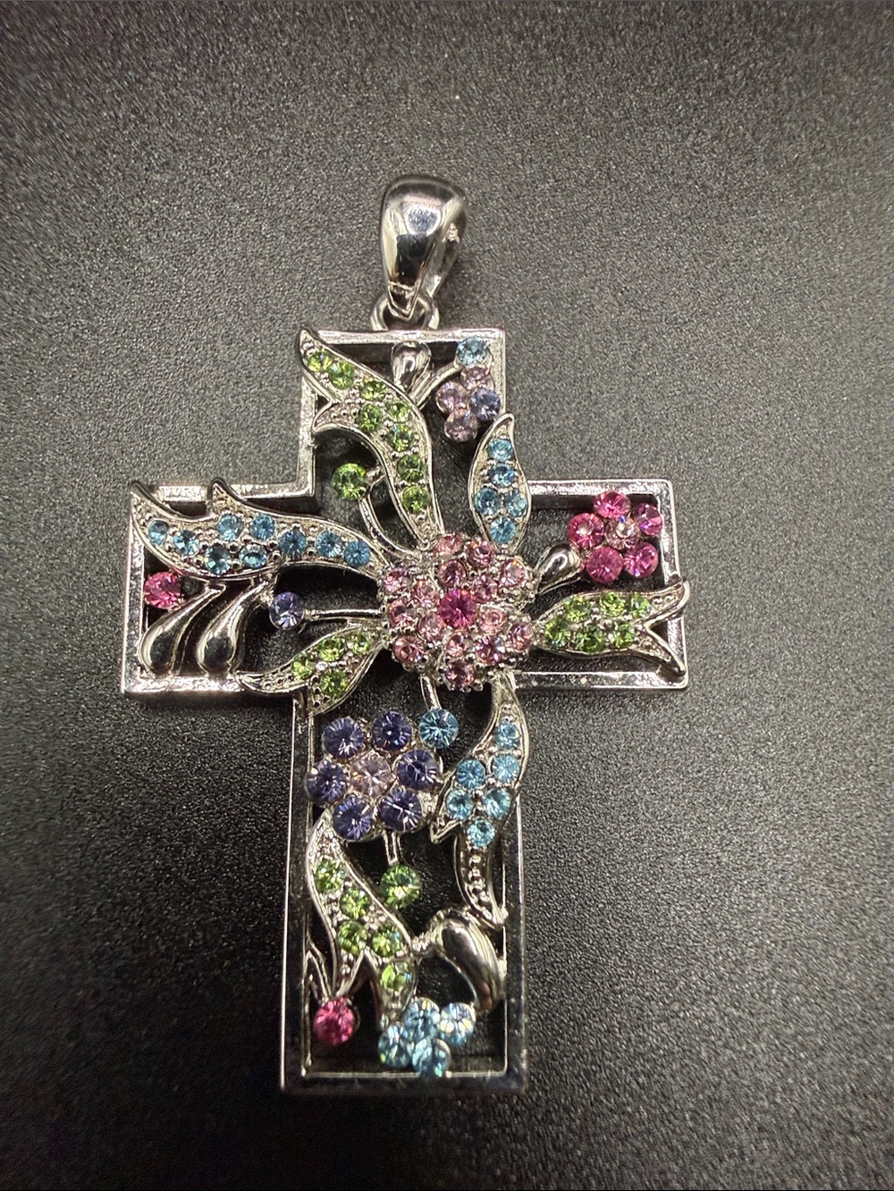 Vintage Kirk's Folly Aurora Borealis Rhinestone Silver Cross pendant